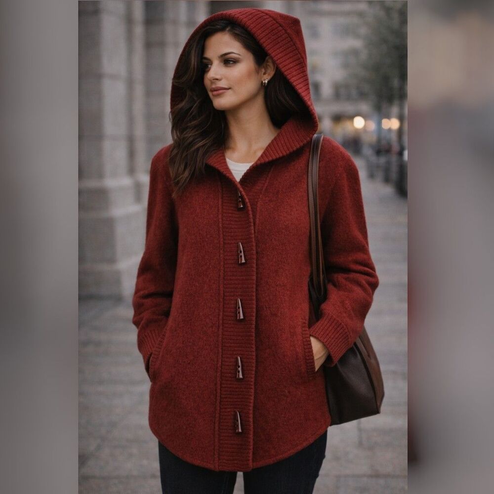 Company Ellen Tracy 14 Red Wool Hooded Sweater Jacket Cardigan Womens Cozy Luxe
